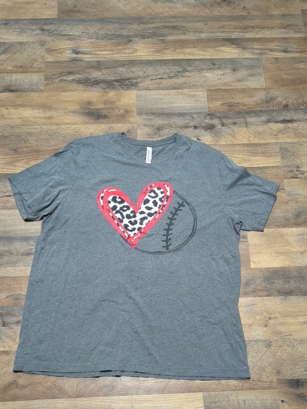 Bella Canvas Gray Tee with Pink Leopard Heart Baseball Motif